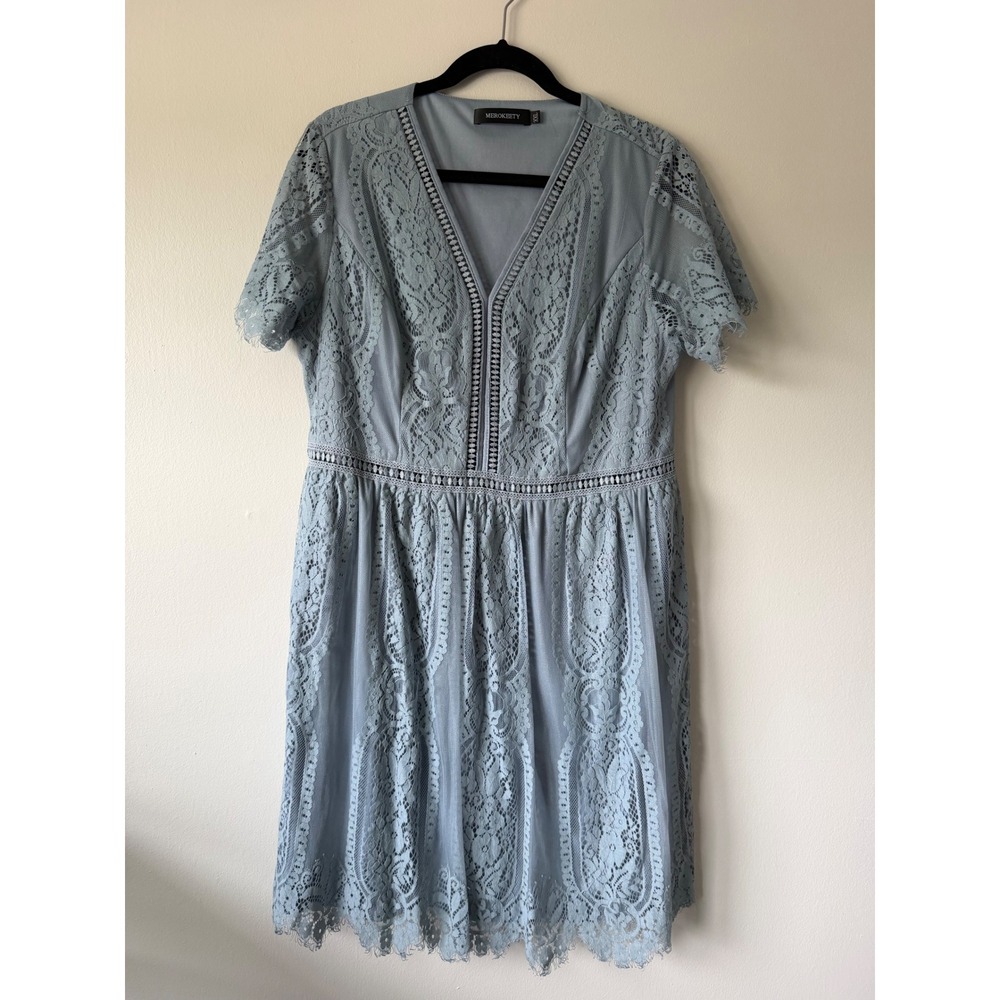 Romantic Dusty Blue Floral Lace V-Neck Short Sleeve Cocktail Dress XXL women's